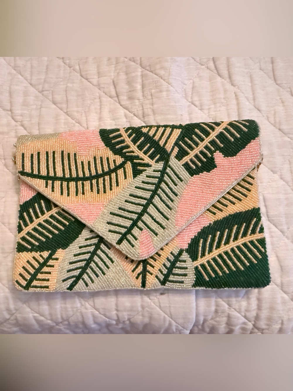Womens Beaded Leaf Envelope Clutch - Pink & Green